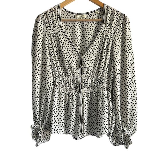 Max Studio Women’s Size Medium‎ Polka Dot V Neck Button Front Blouse - Picture 1 of 7
